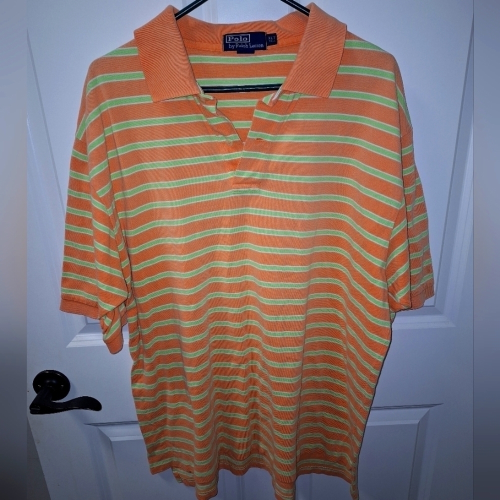 Polo by Ralph Lauren in a men's XLT. 100% Cotton. Orange and green stripes